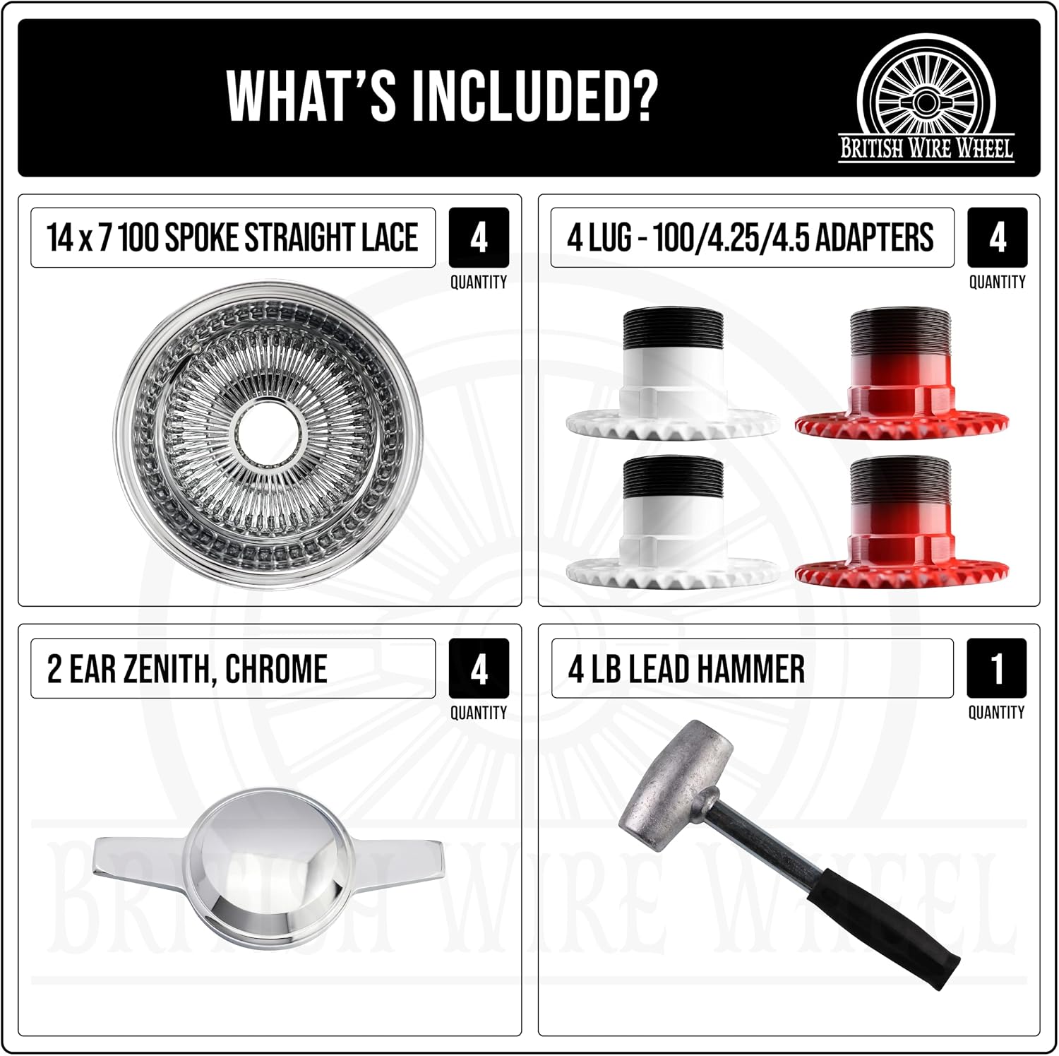 14x7 Reverse 100 Spoke Straight Lace Wire Wheels with Zenith Knock Off Spinner Caps + Adapters 4x100