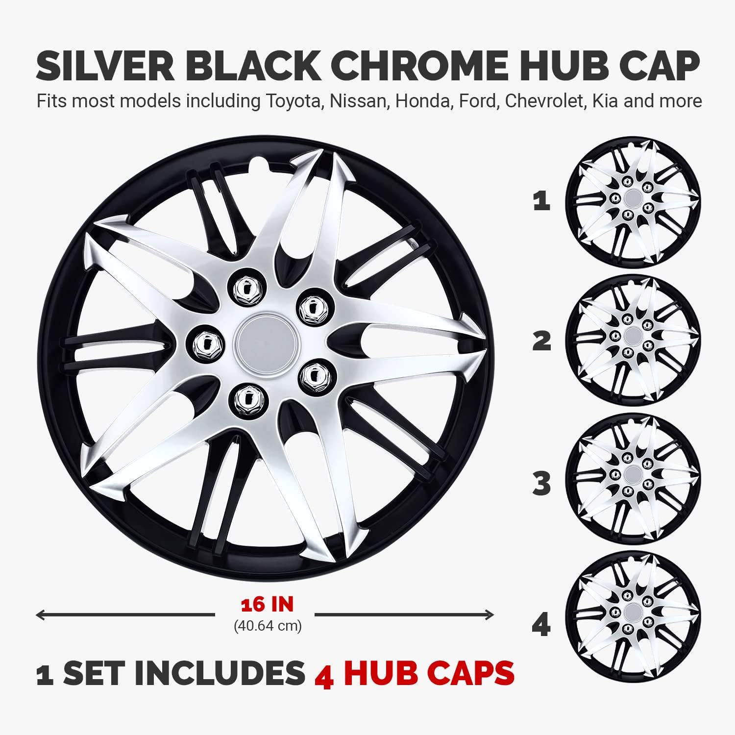 Pilot Automotive WH544-16C-BLK-AM 16 Inch Formula Performance Series Black & Chrome Universal Hubcap Wheel Covers For Cars - Set Of 4 - Fits Most Cars